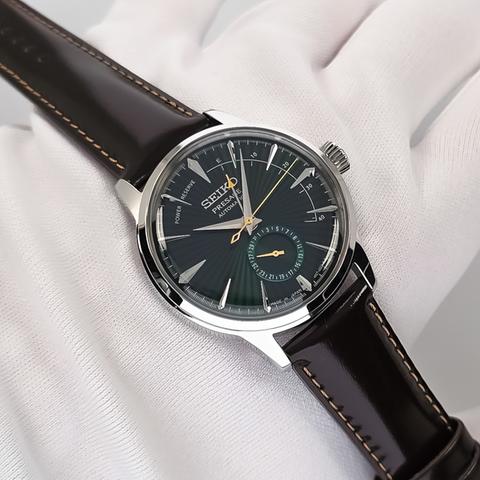 Seiko Presage Cocktail Time Date Power Reserve 40.5mm Green Dial Dark Brown Leather Strap New 2026 Never Worn Box and 3 Years Official Warranty