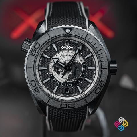 Omega Seamaster Planet Ocean Worldtimer 600M Worldtimer Black Ceramic Complete Set w Serialized Hang Tag | Like New/Unworn